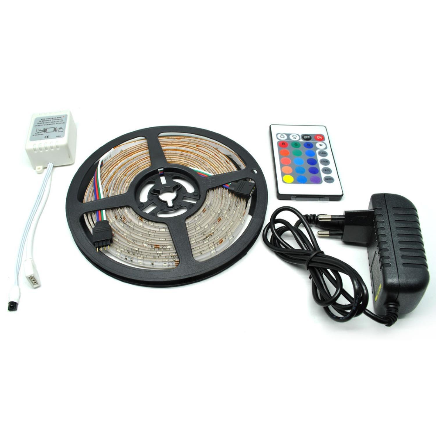 RGB LED Strip 3528 300 LED 5 Meter with 12V 2A Light Controller & Remote Control Lampu Fleksibel Penghias Ruangan Casing Komputer Meja Kerja Dekorasi Ruang Tamu Kamar Tidur Hiasan Interior Taman Pohon Outdoor Pencahayaan Colorful Modern Lamp s0490