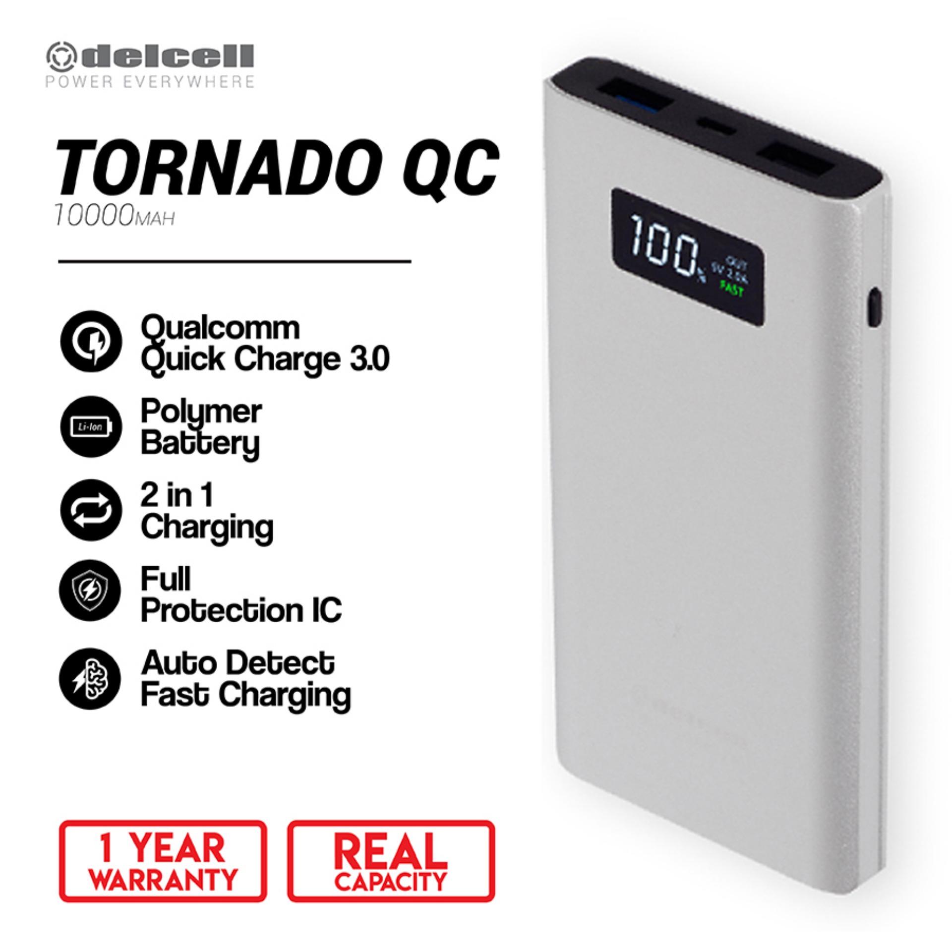 Delcell 10000mAh Powerbank TORNADO Support Quick Charge 3.0A Real Capacity Polymer Battery Slim Powerbank Garansi Resmi 1 Tahun Dual Output Power Bank Berkualitas - Silver