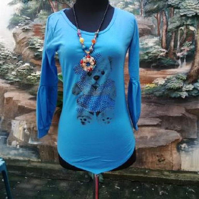 BajuReady 9672 H24 PAKAIAN BAJU ATASAN BUSANA WANITA DEWASA LENGAN PANJANG TERMURAH BAHAN KAOS WARNA BIRU KEKINIAN MODERN JAMAN NOW