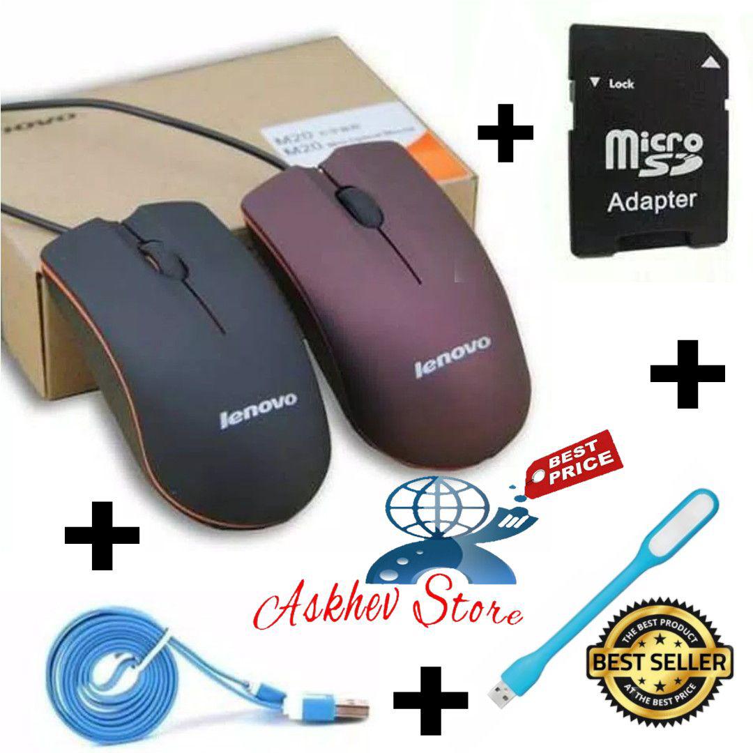 PAKET HEMAT Mouse Lenovo M20 Optical USB + Lampu sikat usb led + Adapter Micro sd + Kabel data Powerbank warna micro usb