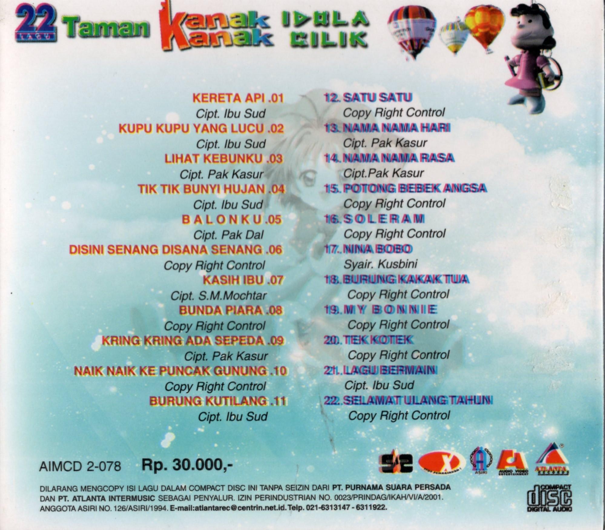 CD AUDIO ORIGINAL 22 LAGU TAMAN KANAK KANAK IDOLA CILIK