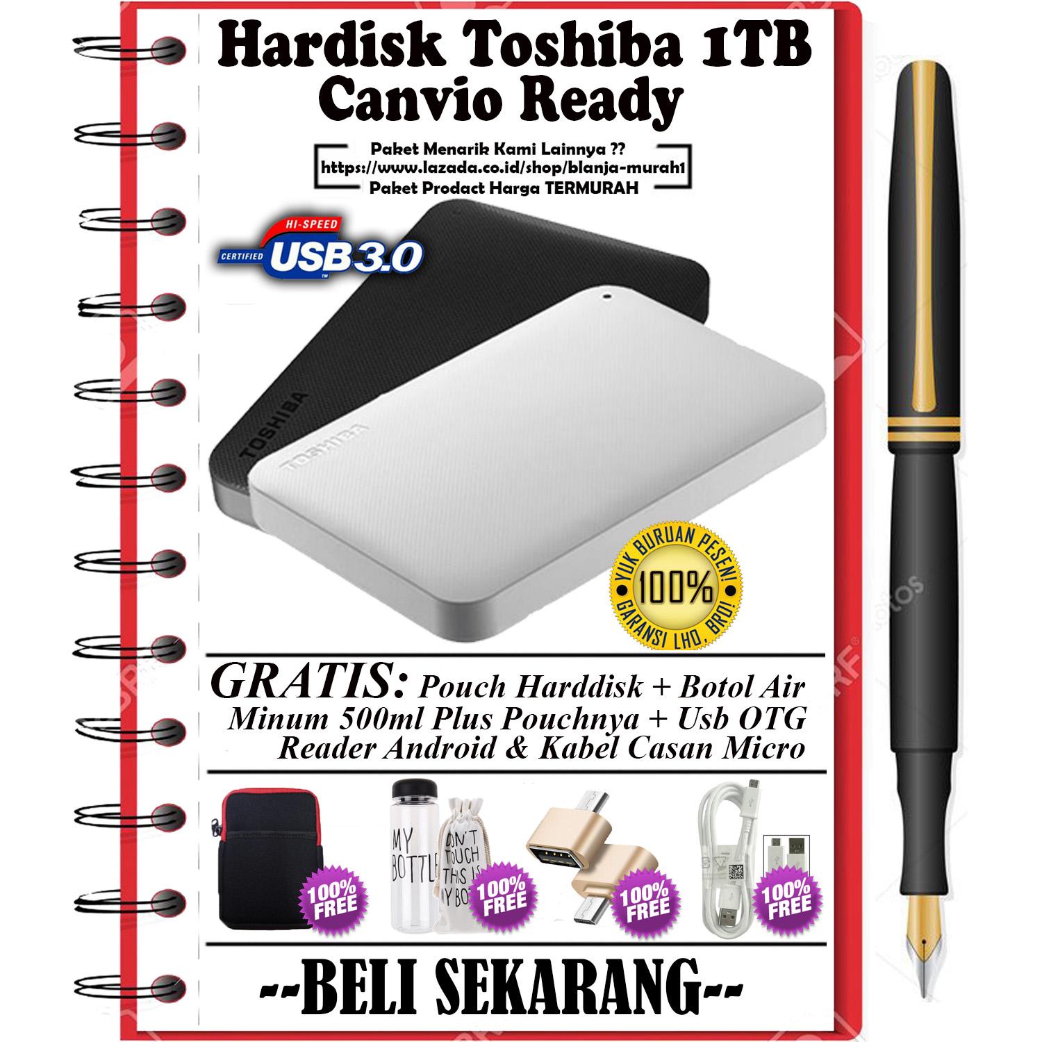 Toshiba Canvio Ready 1TB - HDD / HD / Hardisk Eksternal - GRATIS GRATIS Pouch Harddisk + Botol Air Minum 500ml Plus Sarung Botol + Kabel Casan Android & Usb OTG Reader