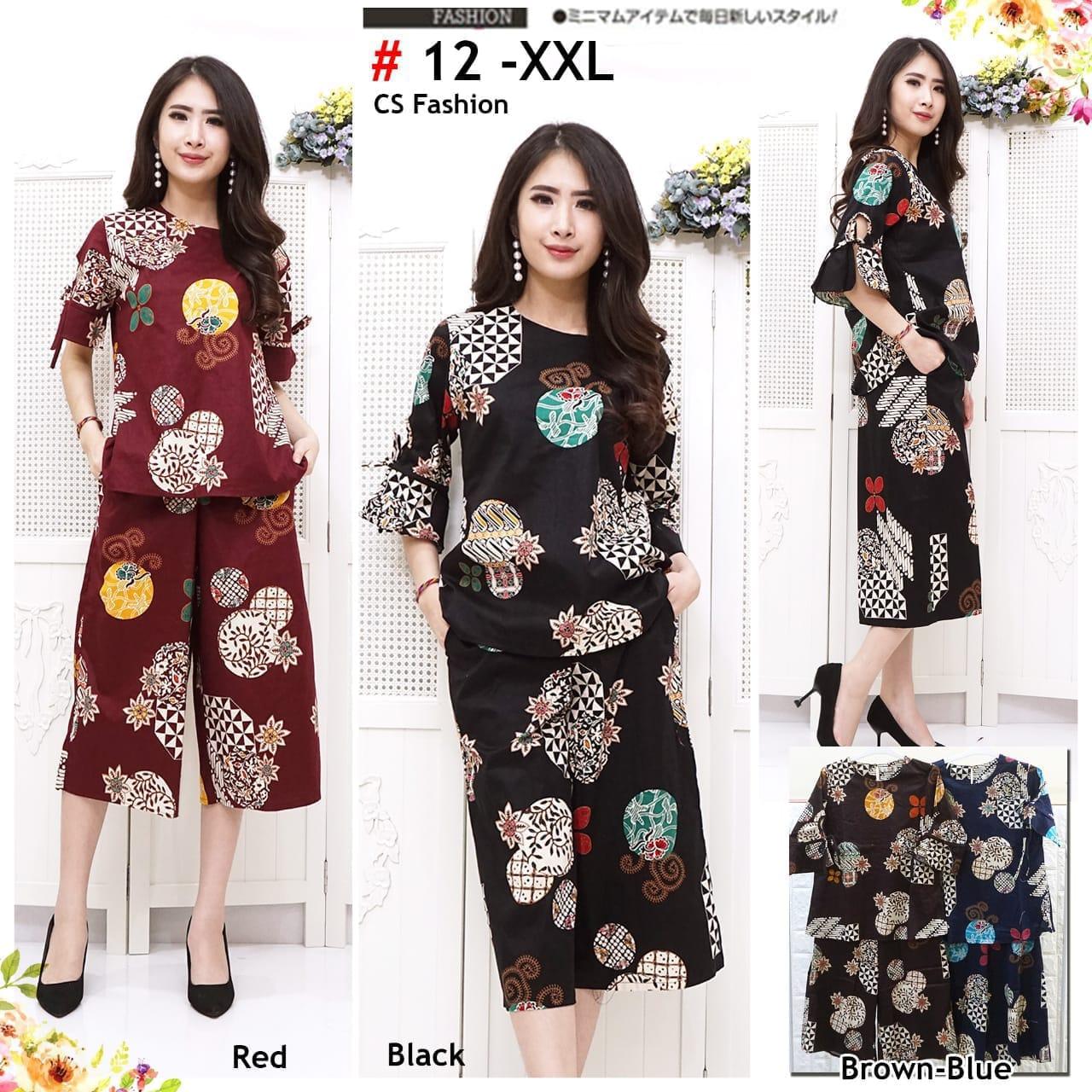 Flam/stelan kulot batik/stelan batik jumbo/atasan batik/batik katun stretch/#12 xxl/Lengan 3/4