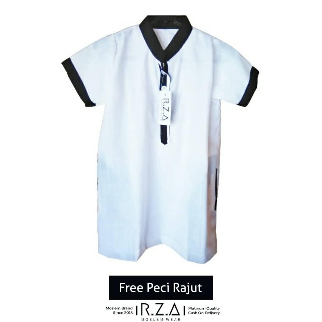 RZA MW Gamis Jubah Anak Seri ( Khomsa ) Lengan Pendek Warna Putih Polos Kerah Hitam Baju Koko Bayi Dan Balita Model TURKI Polos Ganteng Syari Syari Tidak Isbal Pakistan Arab Lebaran Hari Raya Idul Fitri Baru Lahir
