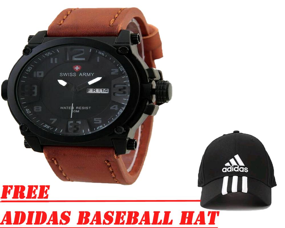Swiss Army Water Resist 50 ATM Jam Tangan Pria Fashion / Quick Silver Jam Tangan Sport Tali Kulit Bonus Adidas Basssball Hat