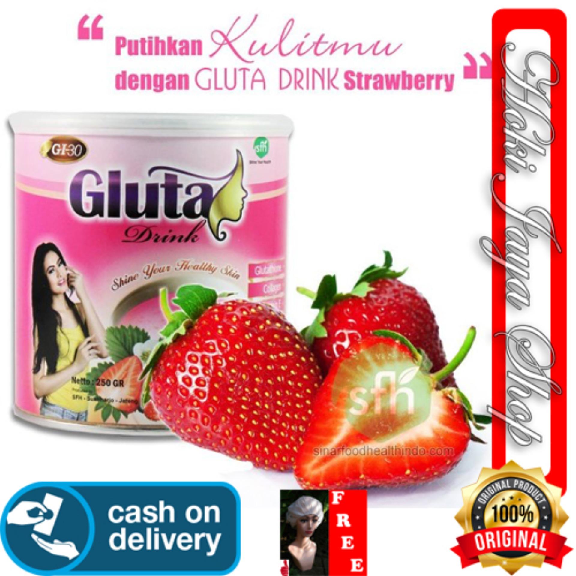 HOKI COD - Gluta Drink Original STRAWBERRY / Susu Gluta / Suplemen Kolagen / Suplemen Pemutih Kulit / Suplemen Pemutih Badan / Suplemen Antioksidan + Gratis Shower Cap Putih - Premium