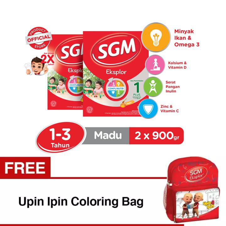 SGM Eksplor Complinutri 1+ Susu Pertumbuhan - Madu - 900gr - Bundle isi 2 Box FREE Upin Ipin Coloring Bag