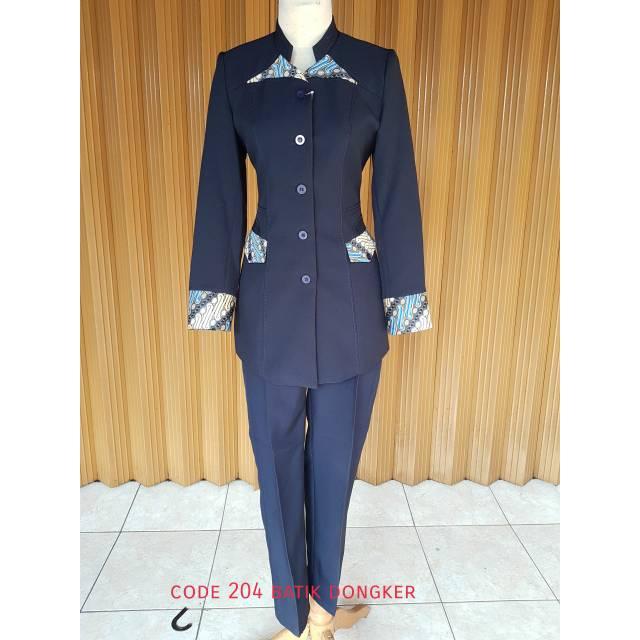 BAJU BLAZER BATIK DONGKER NAVY BIRU TUA KOMBI BATIK SHANGHAI cewek GURU,DOSEN,HOTEL,RUMAH SAKIT