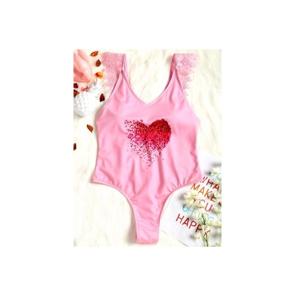 Lace Applique Plunge High Leg Valentine Swimsuit