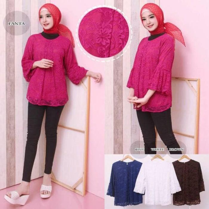 Blus Brokat Tile Atasan Wanita Tangan Balon Brukat (BROWN)