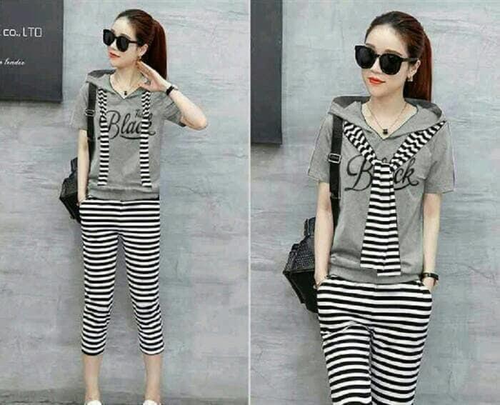 Setelan Wanita Blouse + Celana 2In1 Syal Stripe Salur Grey Ootd