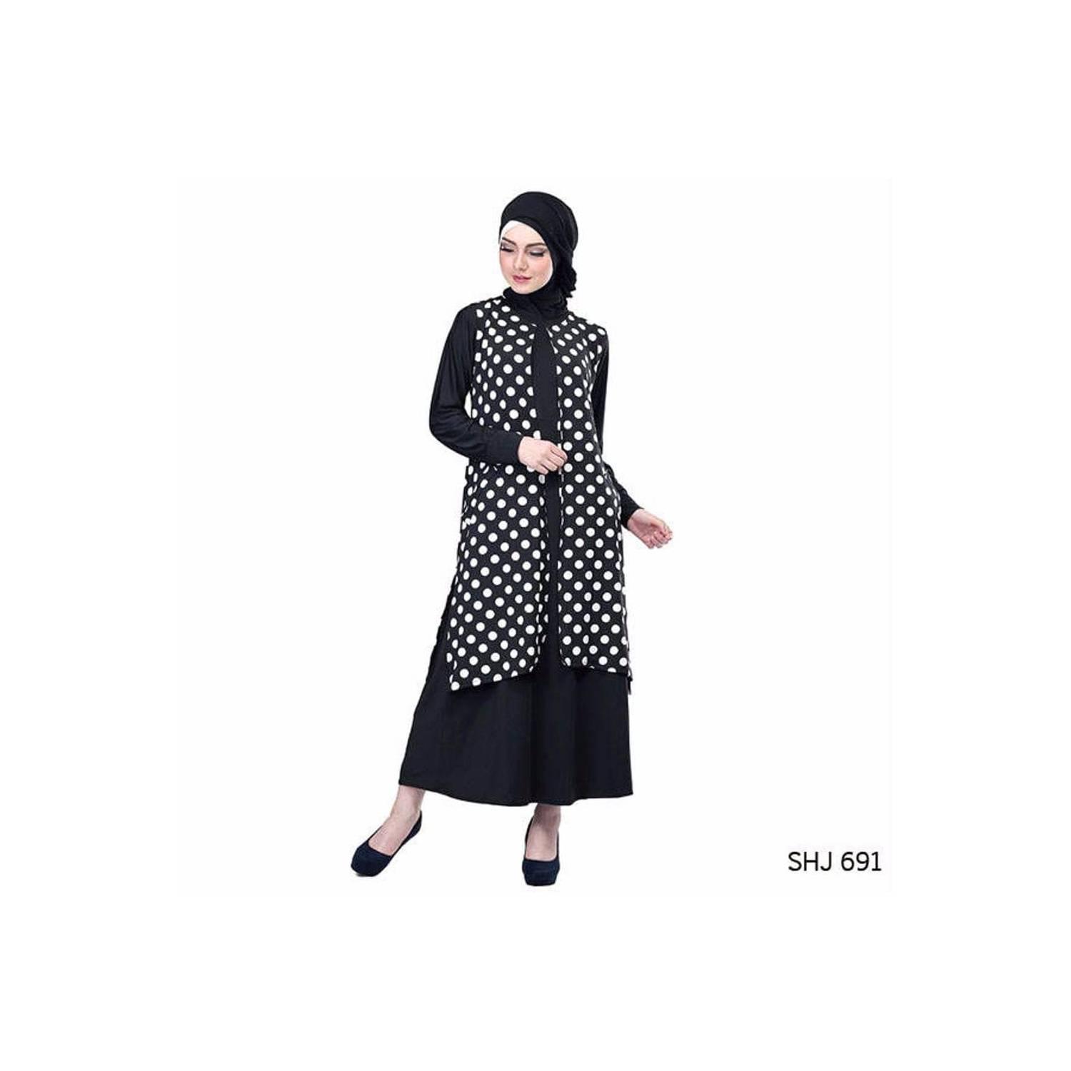 termurah Baju Muslim Wanita Bahan Jersey Polkadot Hitam Putih