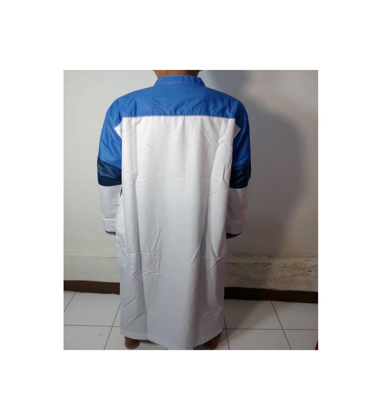 Baju Gamis-Baju Jubah Pria Warna putih Kombinasi Navi biru muda-Samase