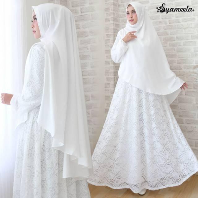 Jual grosir gamis syari gamis putih syar'i white gamis brukat tile baju haji gamis umroh busui set (white)