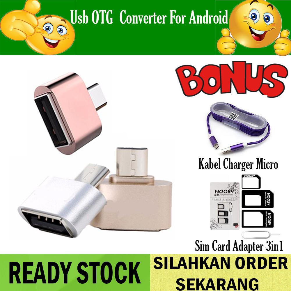Promo Mini Micro Usb OTG Data Cable Adapter 2.0 Hub Converter For Android Smartphone Samsung Galaxy / Oppo / Xiaomi / LG / Sony / Huawei + Gratis Noosy Simcard Adapter 3 IN 1 + Kabel Charger Micro Tali Warna