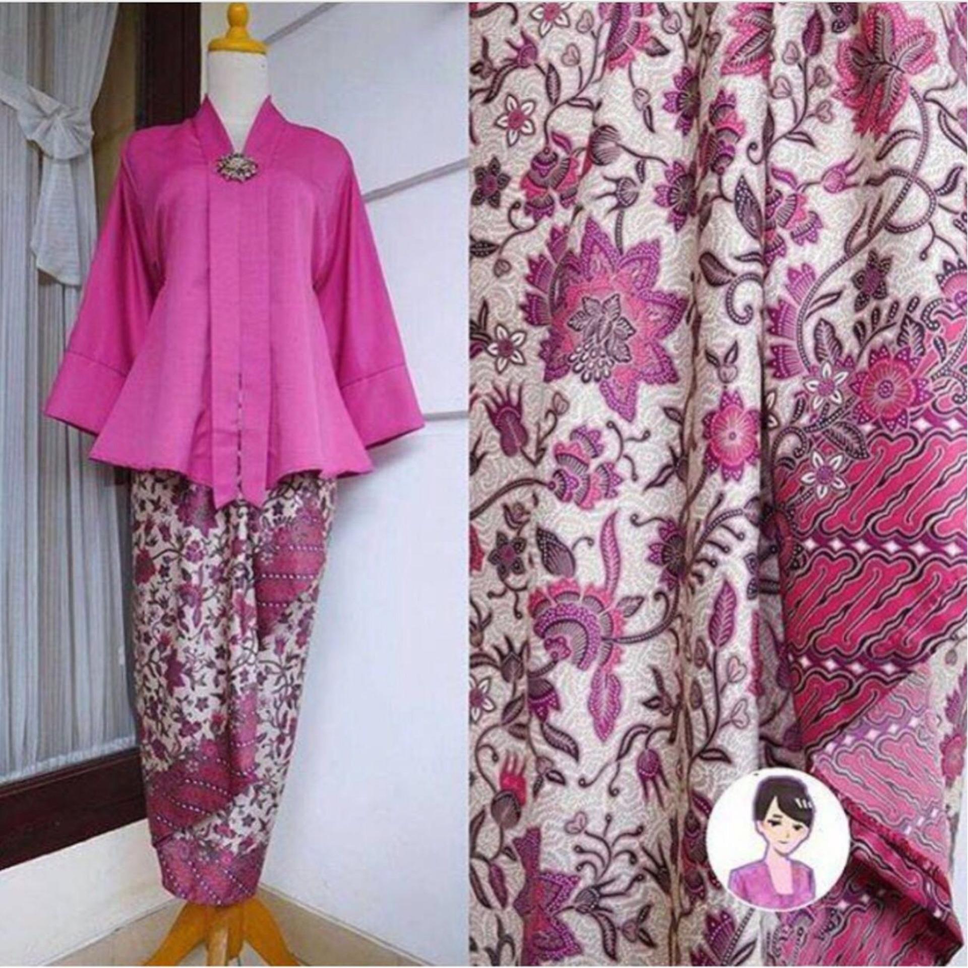 Kebaya Kutubaru Polos Floy Luna Pink Fanta Mix Rok Lilit Aneka Motif Bunga Lili Kecil