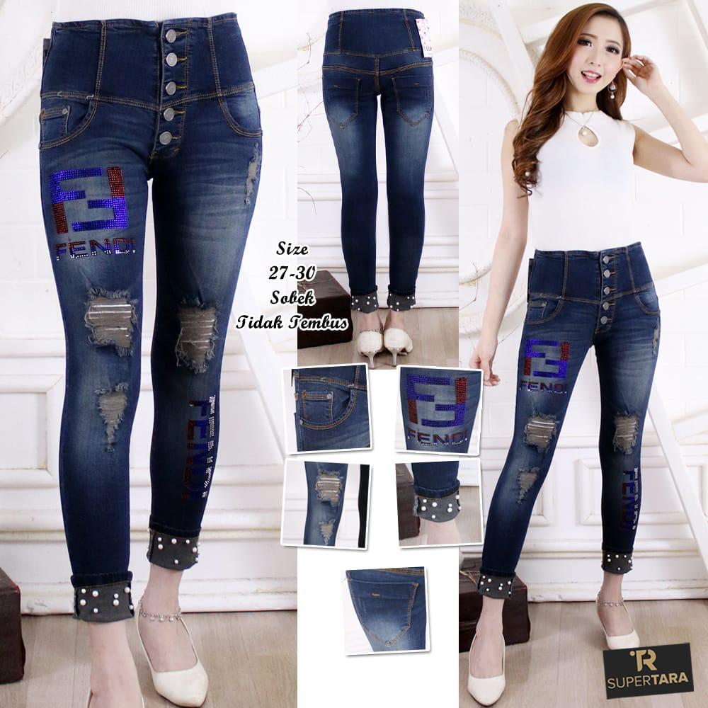 PIORIES - Celana Jeans Wanita - HW steak balik mutiara -Motif - Sofjeans