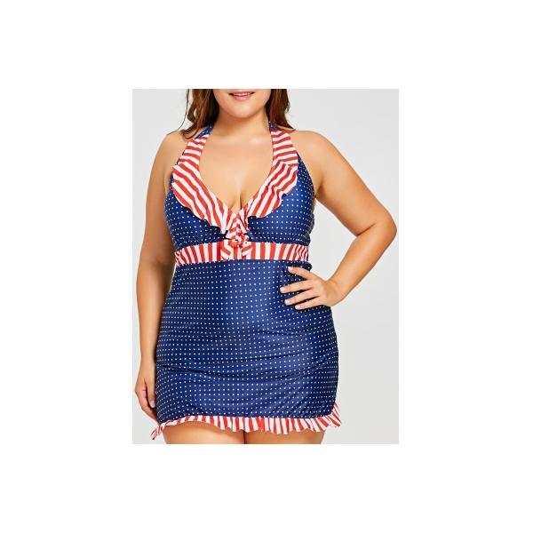 Plus Ukuran Halter Lipatan Patriotik Satu Kepingan Baju Renang