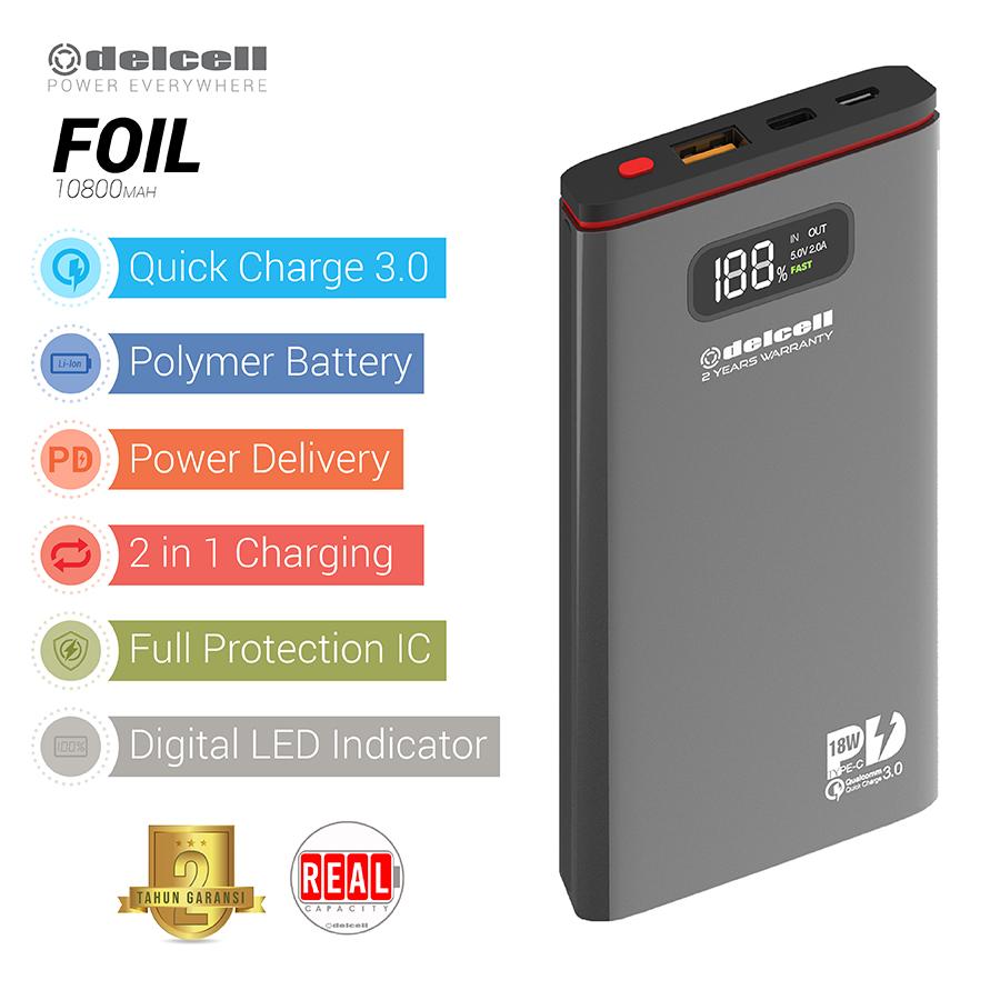 New Arrival Delcell 10800mAh Powerbank FOIL Quick Charge 3.0A Digital Display Real Capacity with Power Delivery PD Polymer Battery Dual Output Power Bank Berkualitas