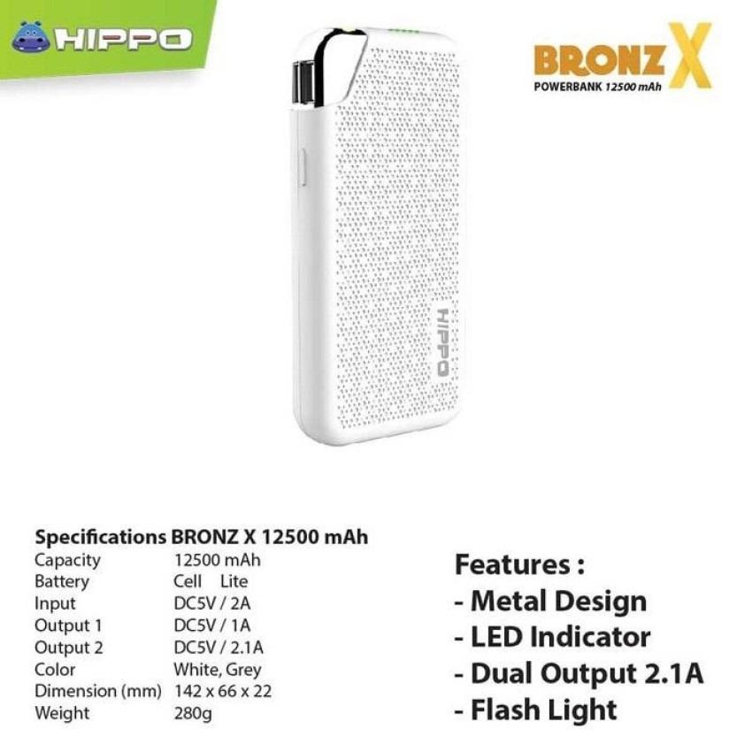 Hippo Powerbank Bronz X 12500 mAH Original Garansi 1 tahun - Putih