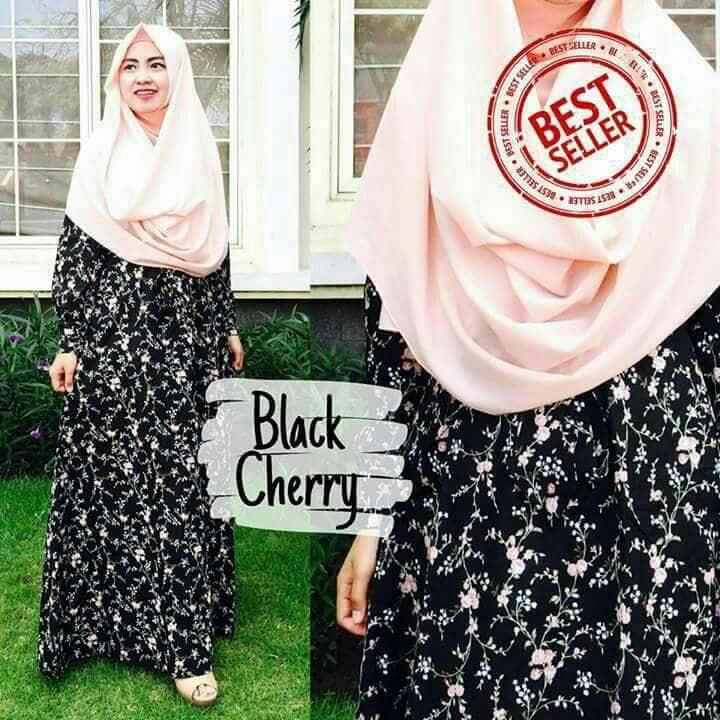 Gamis Katun Japan Black Cery Warna Dasar Hitam