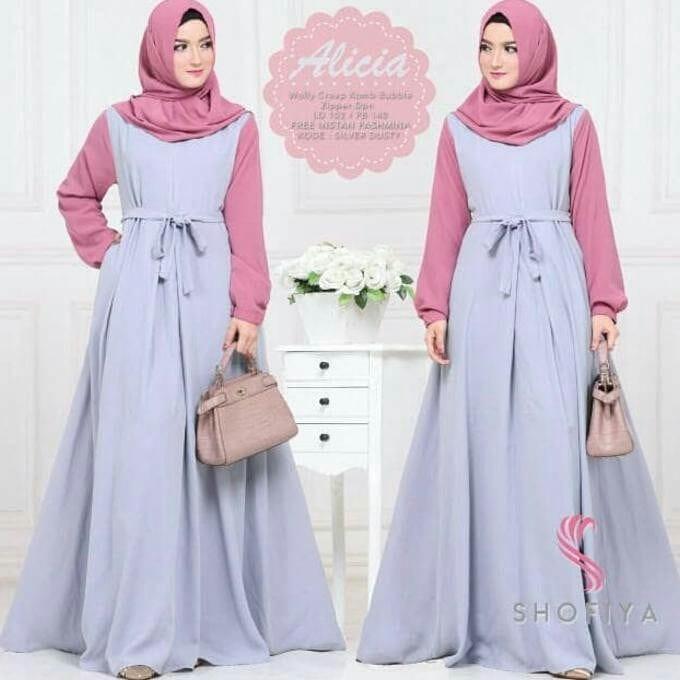 Baju Original Gamis Alicia Dress + Pasmina Baju Panjang Casual Wanita Hijab Baju Modern Trendy Warna Grey-Pink