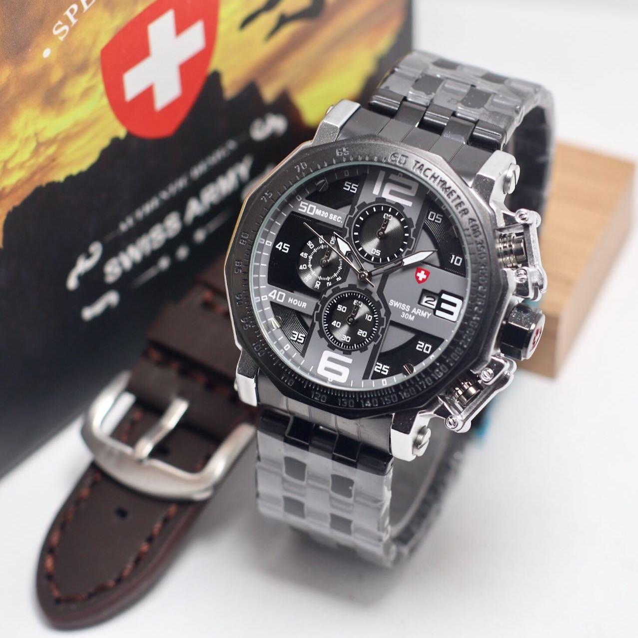 SWISS ARMY ORIGINAL - JAM TANGAN PRIA CASUAL SWISS ARMY SA 4471 MODEL TETONIS - CHRONO ACTIVE & DATE ON - RANTAI - STAINLESS STEEL FREE TALI KULIT