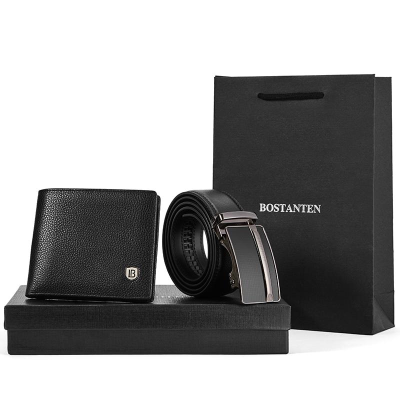 Bostanten Pria Sabuk Kulit Asli Dan Kulit Sapi Asli Kulit Bifold Dompet Hadiah Kotak Hitam-Intl By Bostanten Official Store