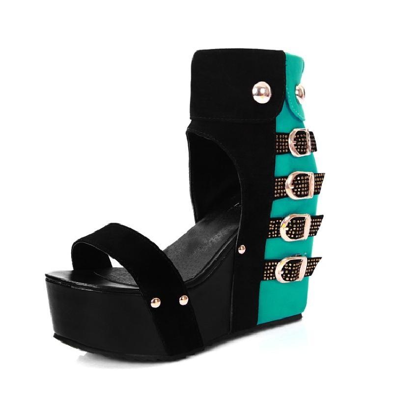 Elegan Sandal Musim Panas Biru Gesper Sabuk Kulit Resleting Belakang (Hitam)