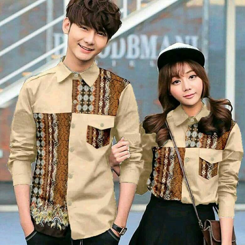 Tj-kemeja couple batik pockba coklat-harga murah-elegan fashion batik-kemeja couple batik lengan panjang