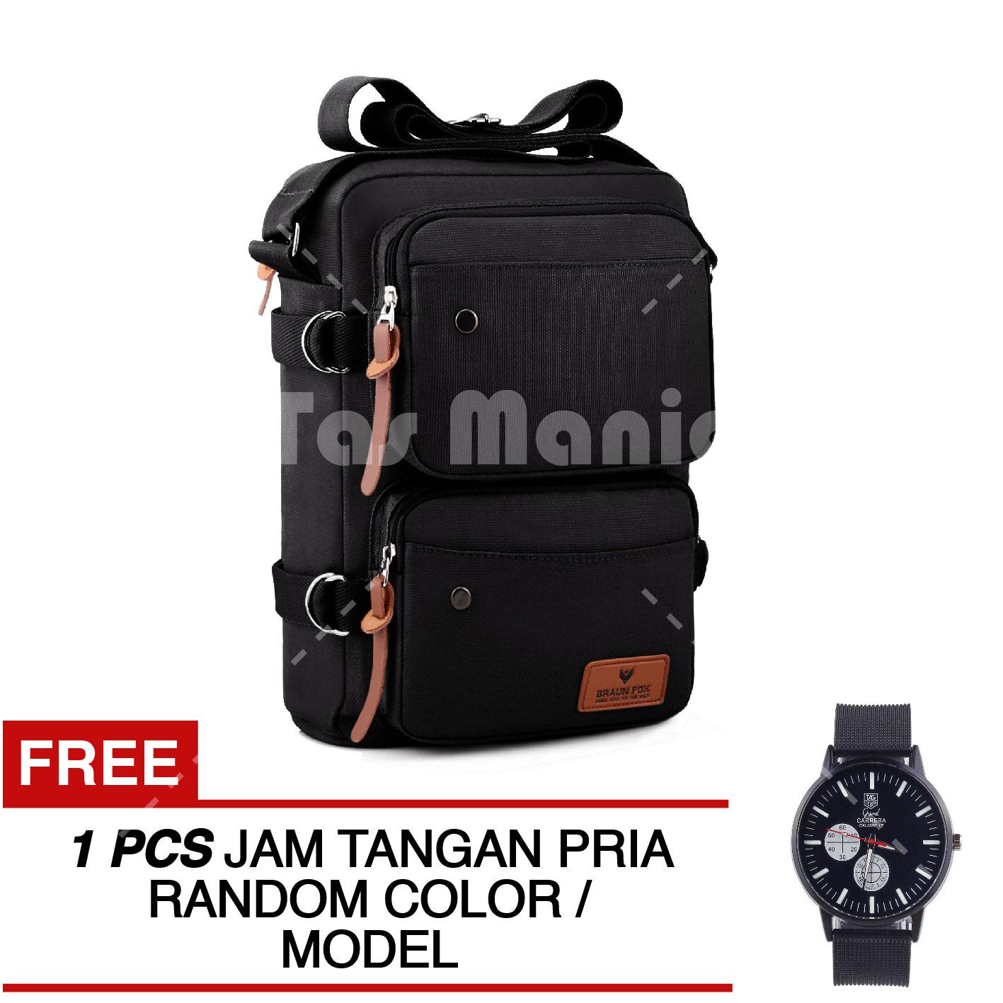Tas Selempang Braun Fox Achilles Canvas Outdoor Slingbag - HITAM - Crossbody Man + FREE Jam Tangan Pria ( RANDOM  Model + Color ) Tas Pria Tas Messenger Tas Slempang Crossbody Man Tas Fashion Pria