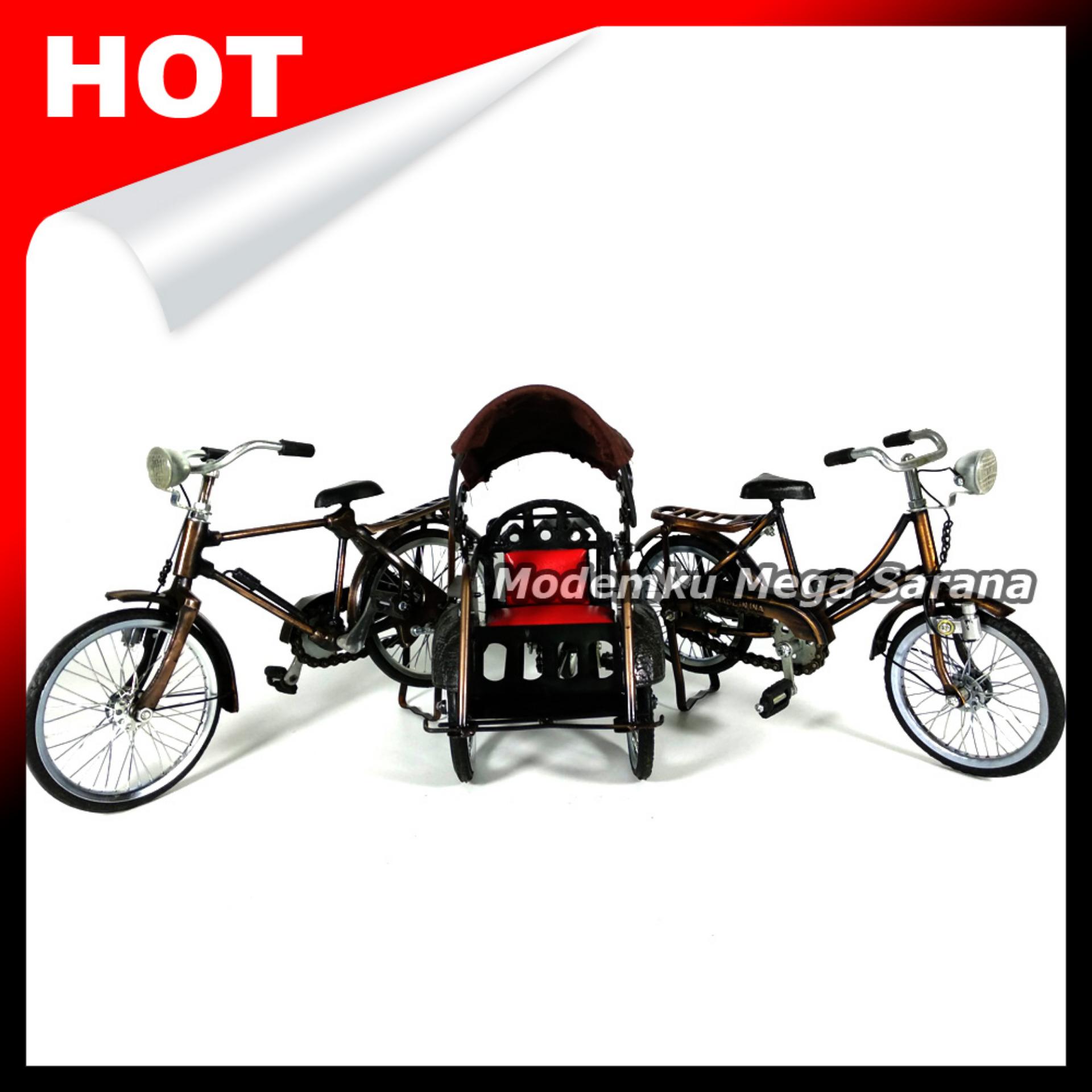 Paket Antik Jogja - Miniatur Becak Besi Miniatur Sepeda Onthel Laki & Perempuan