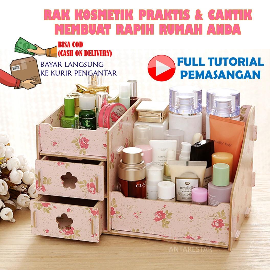 Rak Kosmetik Kayu MDF Desktop DIY Tempat Storage Perhiasan Box Mini Cosmetic Storage Praktis Tidak Pakai Paku Rakit Mudah