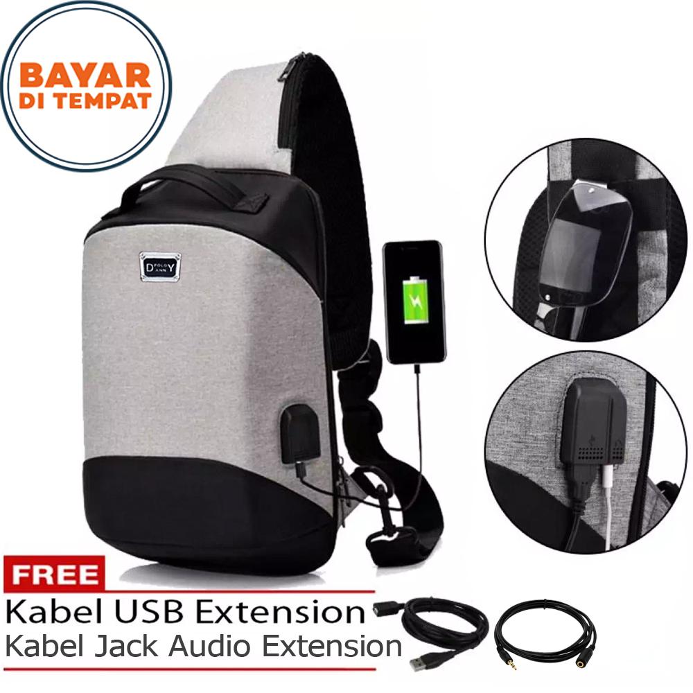 Polo Danny Tas Ransel Tali Satu Tas Selempang Tas Sling Bag Tas Notebook Tas USB Tas Charger Tas USB Charger Tas Audio Musik Tas Outdoor Tas Polo Original Import - Black Grey + Kabel USB Extension + Kabel Jack Audio Extension