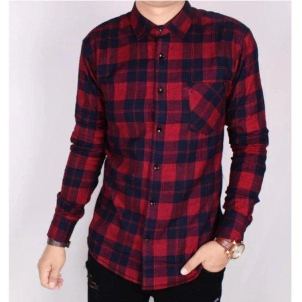 Kemeja Flanel casual Pria lengan panjang kotak kotak hitam-merah