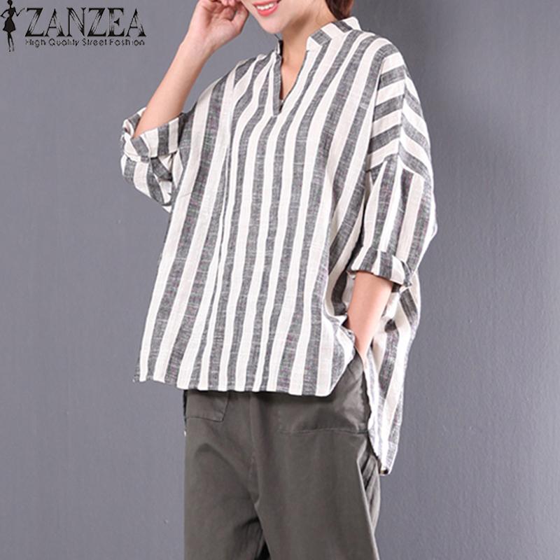 ZANZEA Spring Plus Ukuran M 5XL Cotton Blus Linen Wanita Berdiri Kerah V Leher Longgar Tidak Teratur Kemeja Retro Baggy Striped Tops Stripe-Intl ZANZEA Spring Plus Ukuran M 5XL Cotton Blus Linen Wanita Berdiri Kerah V Leher Longgar Tidak Teratur Kemeja Retro Baggy Striped Tops Stripe-Intl