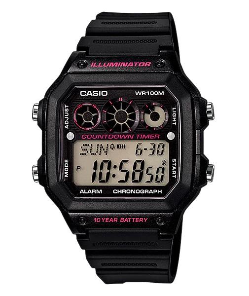 Casio Digital AE-1300WH-1A2 - Jam Tangan Pria - Black Pink - Strap Resin