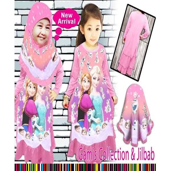 Baju Fashion Anak Cewek Perempuan Muslim Gamis Frozen Full + Kerudung