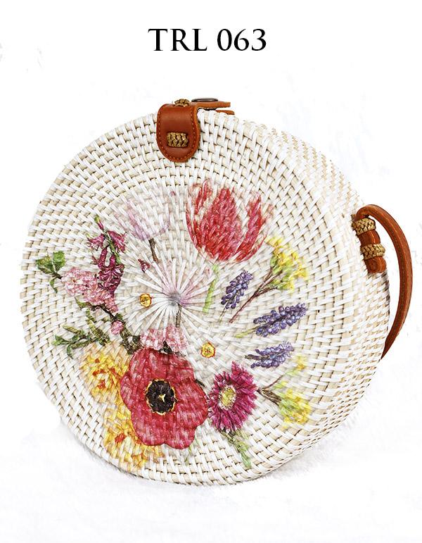 Tas Rotan Bali Lukis Motif Deco Bali Rattan Bag Decoupage Bunga Flower TRL063