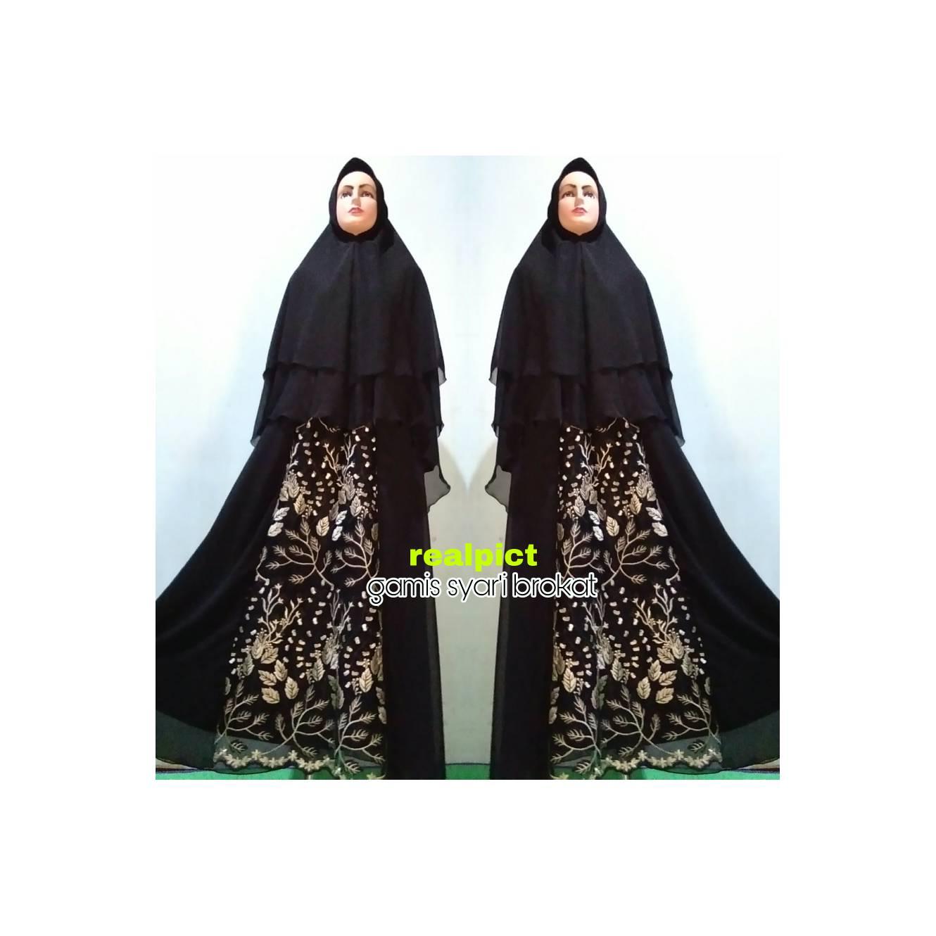 Gamis syari ceruty brokat brukat putih hitam gold mewah