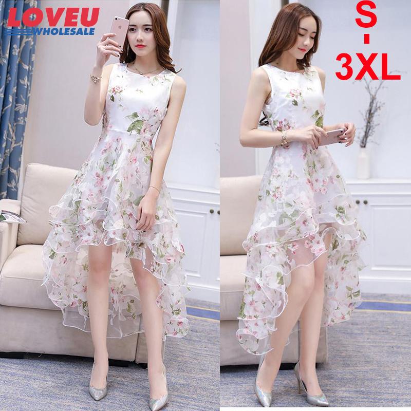 Loveu S-3XL Fashion Women Dresses Organza Solid Color Sleeveless Casual Summer Fluffy Irregular Hem Dress Plus Size