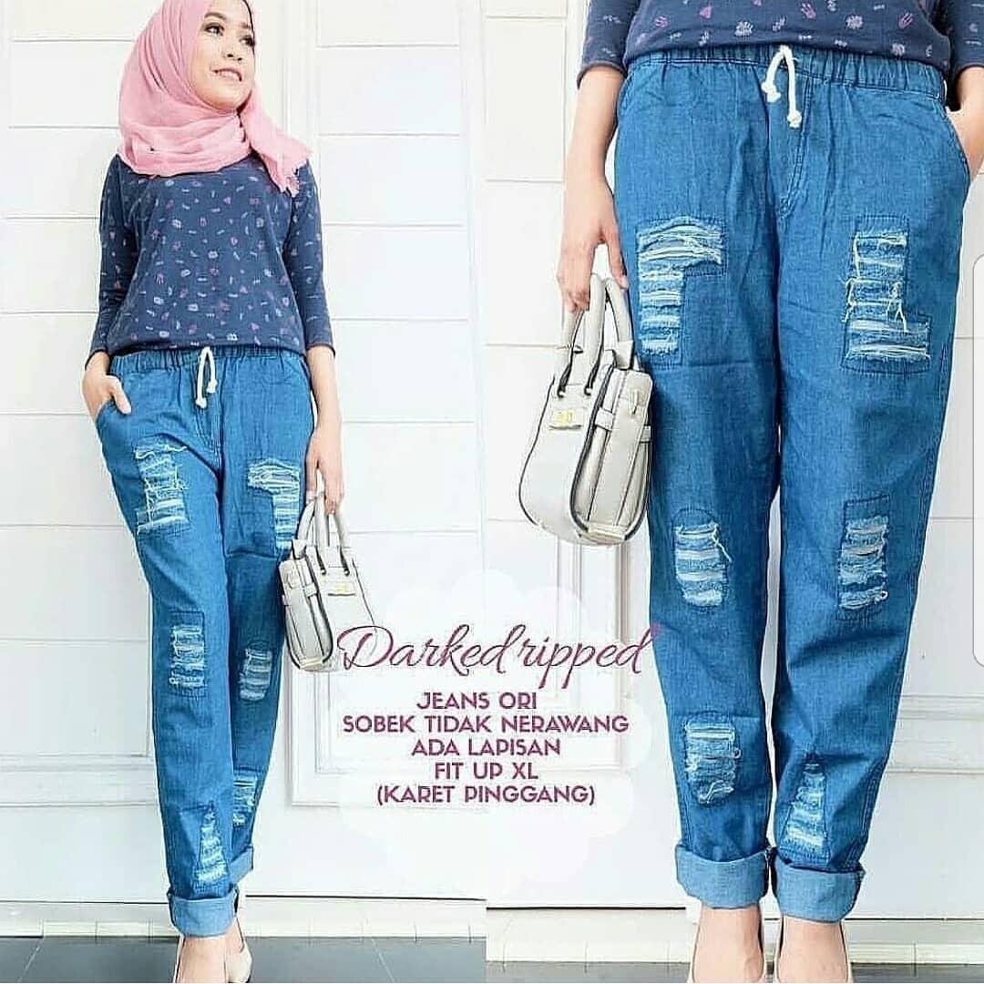 OEM Baju Original Ripped Pants Jeans Celana Panjang Cewek Kulot Wanita Muslim Joger Muslimah Murah Simple Trend 2018