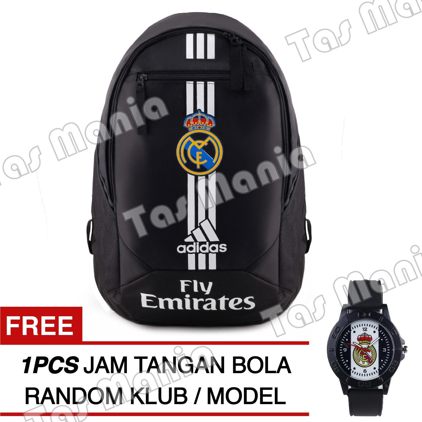Tas Ransel Adidas Bola Pria Real Madrid C.F Laptop Backpack Men Soccer Editions - Black + Raincover + FREE Jam Tangan Pria Random Color / Model