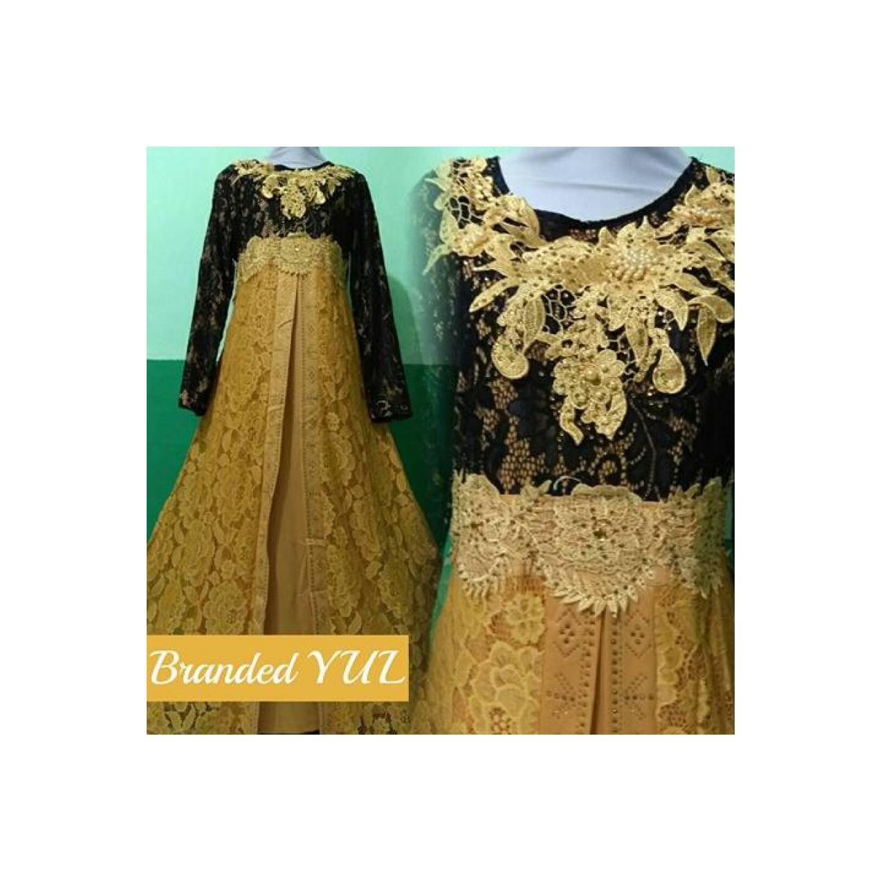 gamis abaya yul branded new brokat hias dada kombinasi lebaran new