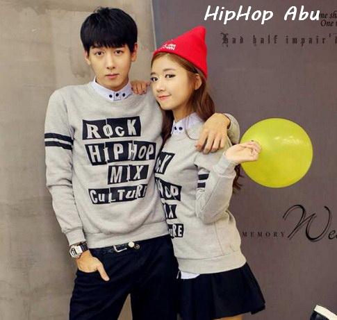 LenganPanjang Kaos Couple Lengan Panjang Keren Fashion Kembaran Serasi HipHop Abu