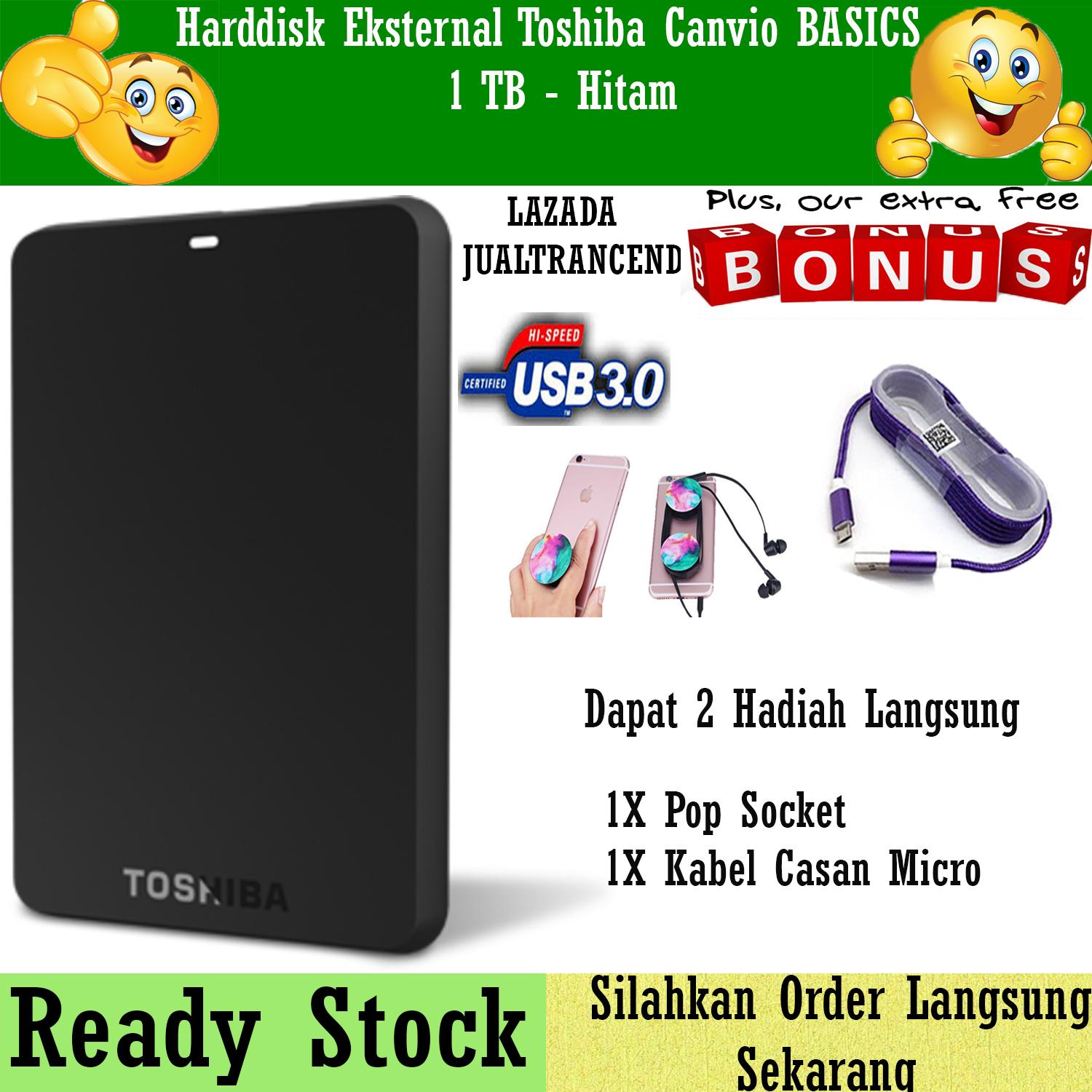 Toshiba Canvio Basic 1TB - HDD / HD / Hardisk Eksternal - Hitam - Gratis Kabel Charger Micro Usb + Pop Socket