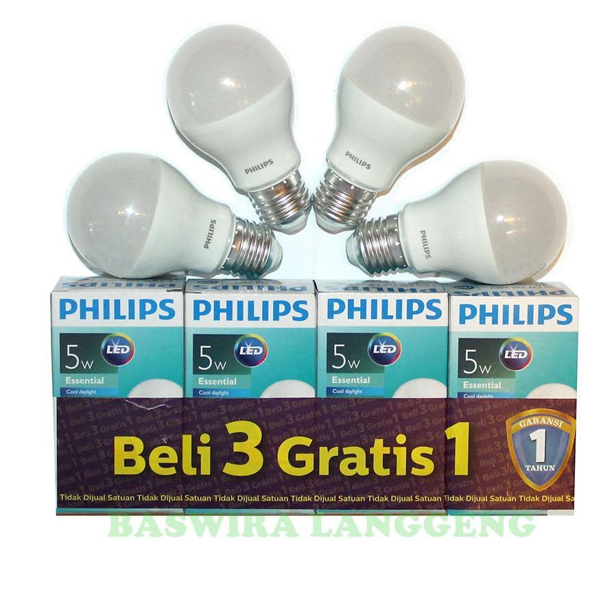 PHILIPS Lampu Led Bulb Essential 5 Watt 5 W 5Wat 5W Putih Paket 4 pcs