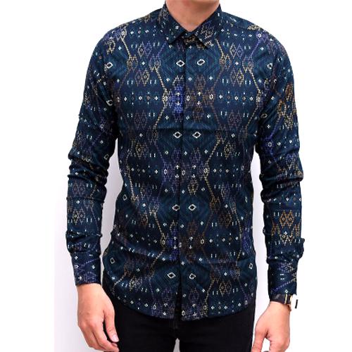 Ormano Kemeja Batik Pria Slimfit Songket Lengan Panjang Geometri Fashion Kerja Kantor Kondangan Modern