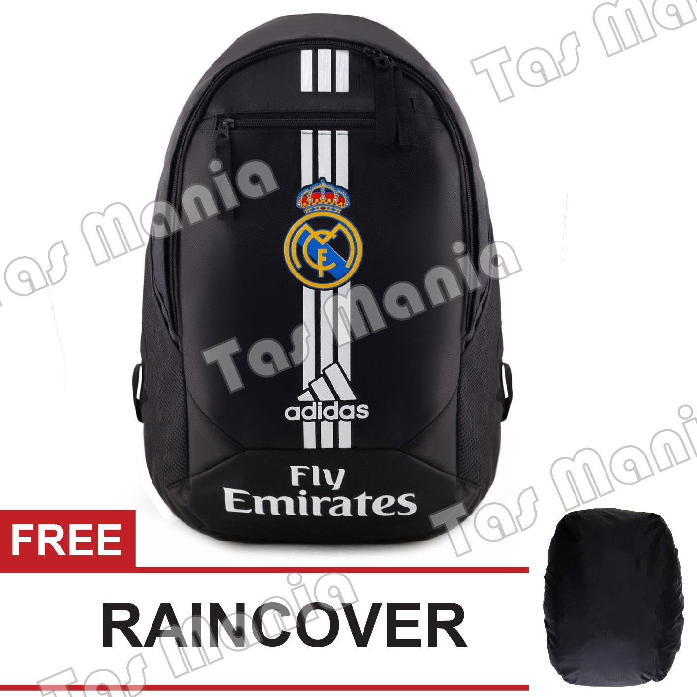 Tas Ransel Adidas Bola Pria Real Madrid C.F Laptop Backpack Men Soccer Editions - Black + FREE Raincover