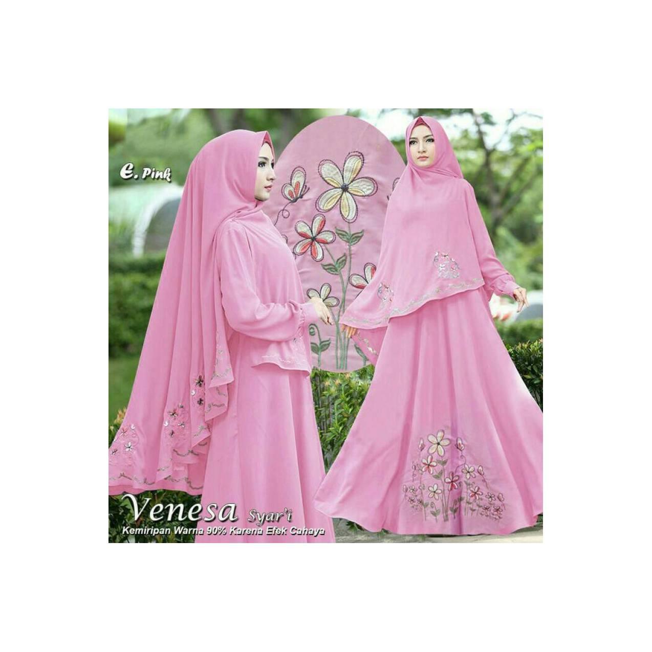 SYARI BORDIR VENESA PINK SET HIJAB GAMIS BERGO BUSUI FIT XL